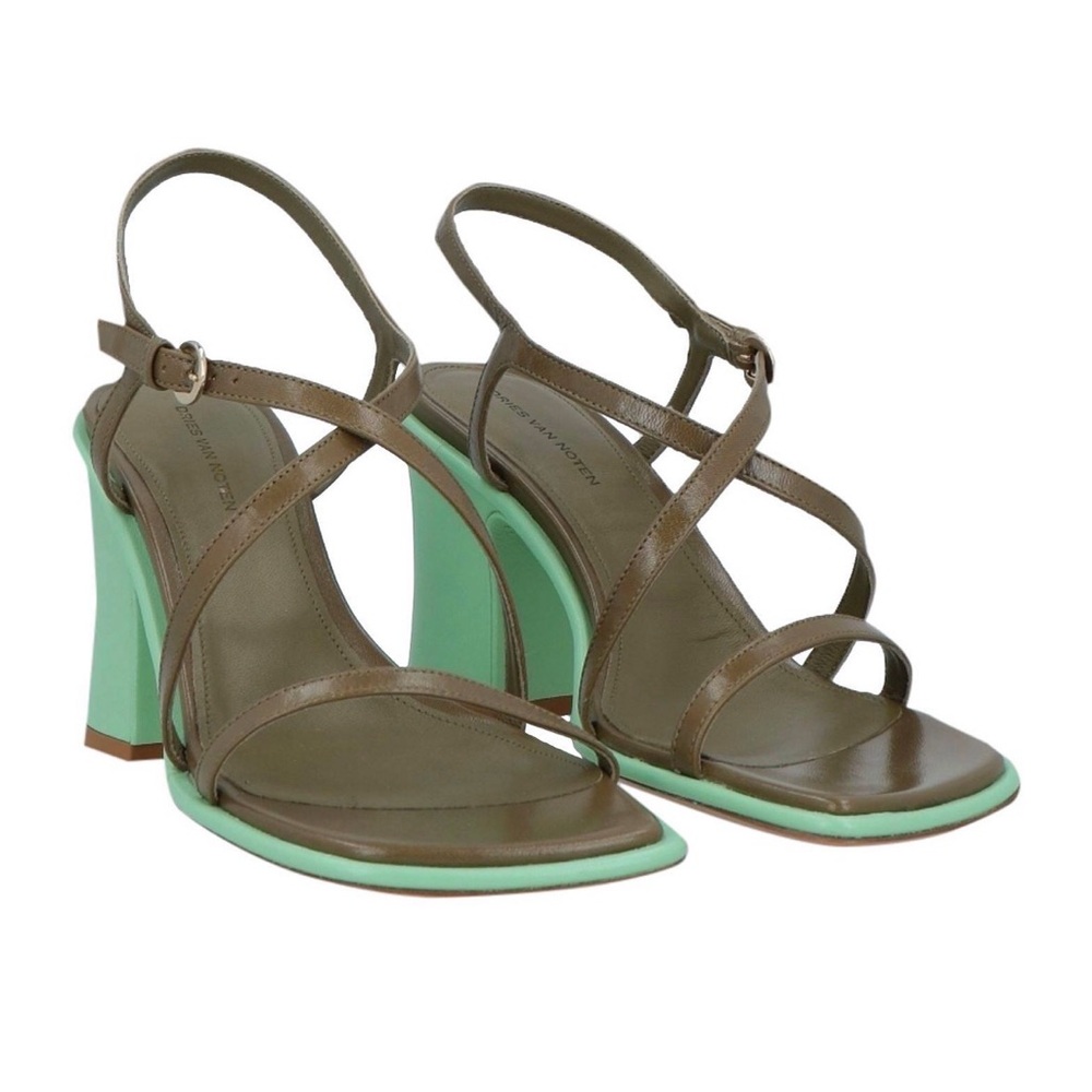 Dries Van Noten Brown Leather Strappy Sandals with Mint Trim